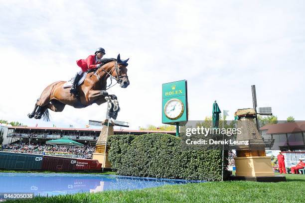 Beezie Madden rides in the individual jumping equestrian on the final day of the Masters tournament at Spruce Meadows on September 10, 2017 in...