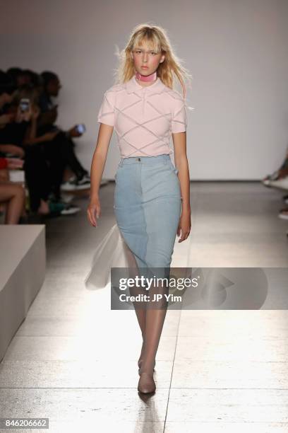 Model walks the runway for Calvin Luo fashion show during New York Fashion Week: The Shows at The Whitney Museum of American Art on September 12,...