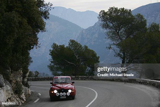 Salvador Albinana and Jose Diaz-Tejeiro of Spain drive a Saab 96 V4 on the first stage from Monaco to Revest les Roches during the 12th Monte Carlo...