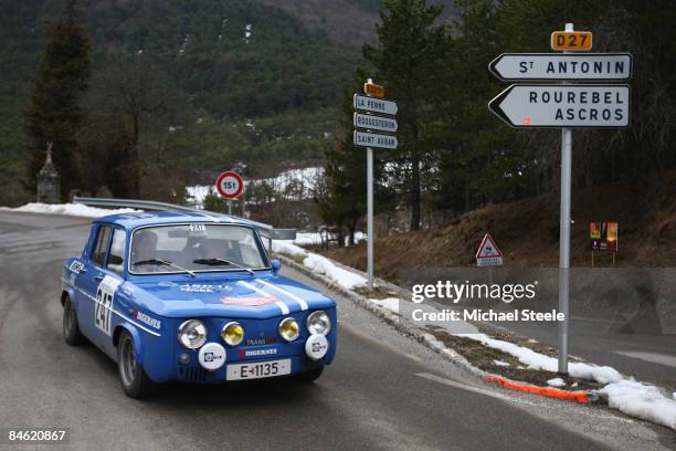 Targjer Kleppe and Jorn Arve Aardal of Norway drive a Renault 8 Gordini on the first stage from Monaco to Revest les Roches during the 12th Monte...