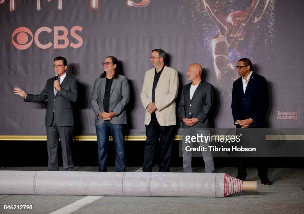 Stephen Colbert, Ricky Kirshner, Glenn Weiss and Hayma Washington attend the 69th Emmy Awards Red Carpet Rollout and Press Preview Day at Microsoft...