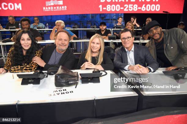 In this handout photo provided by Hand in Hand, Cher, Billy Crystal, Barbra Streisand, Stephen Colbert and Tyler Perry attend Hand in Hand: A Benefit...