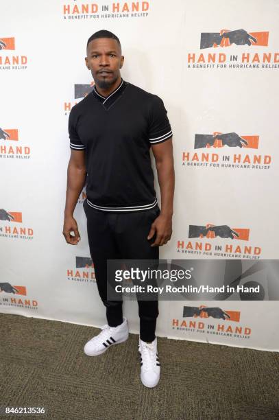 In this handout photo provided by Hand in Hand, Jamie Foxx caption at ABC News' Good Morning America Times Square Studio on September 12, 2017 in New...