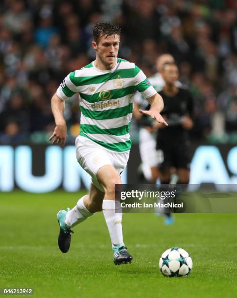 Anthony Ralston of Celtic controls the ball during the UEFA Champions League Group B match Between Celtic and Paris Saint-Germain at Celtic Park on...