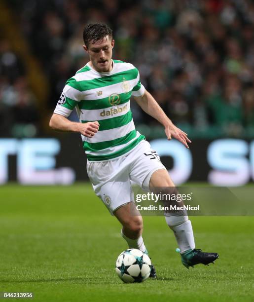 Anthony Ralston of Celtic controls the ball during the UEFA Champions League Group B match Between Celtic and Paris Saint-Germain at Celtic Park on...