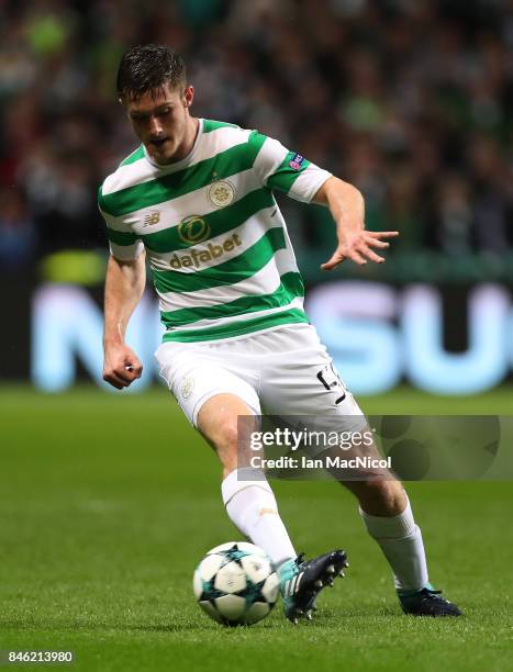 Anthony Ralston of Celtic controls the ball during the UEFA Champions League Group B match Between Celtic and Paris Saint-Germain at Celtic Park on...