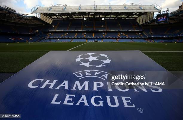 General view of the UEFA Champions League logo during the UEFA Champions League group C match between Chelsea FC and Qarabag FK at Stamford Bridge on...