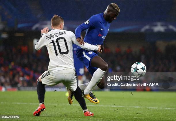 Pedro Henrique of Qarabag and Tiemoue Bakayoko of Chelsea during the UEFA Champions League group C match between Chelsea FC and Qarabag FK at...