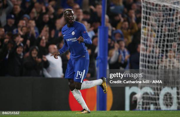 Tiemoue Bakayoko of Chelsea celebrates after he scores during the UEFA Champions League group C match between Chelsea FC and Qarabag FK at Stamford...