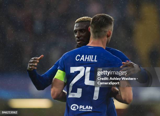 Chelsea's Gary Cahill congratulates Tiemoue Bakayoko after the UEFA Champions League group C match between Chelsea FC and Qarabag FK at Stamford...