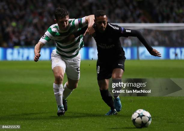 Anthony Ralston of Celtic vies with Neymar of Paris Saint-Germain during the UEFA Champions League Group B match Between Celtic and Paris...