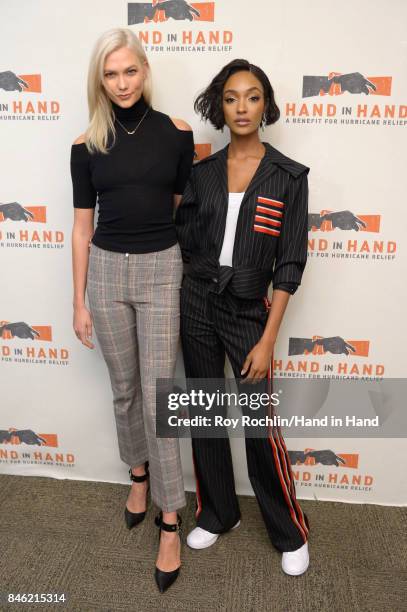 In this handout photo provided by Hand in Hand, Karlie Kloss and Jourdan Dunn caption at ABC News' Good Morning America Times Square Studio on...