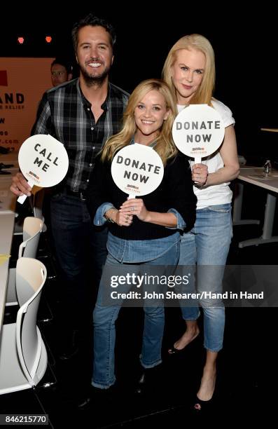 In this handout photo provided by Hand in Hand, Luke Bryan, Reese Witherspoon, and Nicole Kidman attend Hand in Hand: A Benefit for Hurricane Relief...