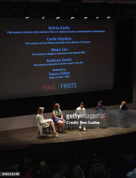 Panelists Nancy Gibbs, Kathryn Smith, Maya Lin, Carla Hayden, Sylvia Earle speak onstage during TIME Celebrates FIRSTS on September 12, 2017 in New...