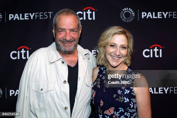 Pictured: Dick Wolf, Edie Falco at PaleyFest with the cast and producers of Law & Order True Crime: The Menendez Murders at the Paley Center in...