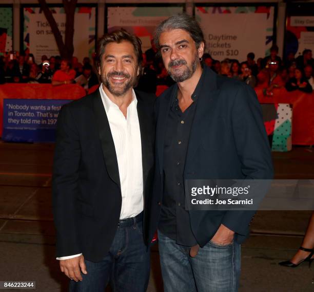 Javier Bardem and Fernando Leon de Aranoa attend the "Loving Pablo" premiere during the 2017 Toronto International Film Festival at Princess of Wales...