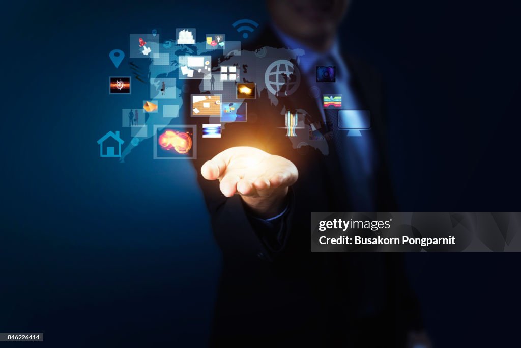 Technology in the hand holding business diagram, Modern wireless technology and social media illustration