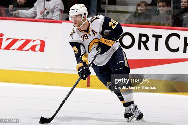 Jason Pominville of the Buffalo Sabres skates against the Calgary Flames on January 28, 2009 at Pengrowth Saddledome in Calgary, Alberta, Canada. The...