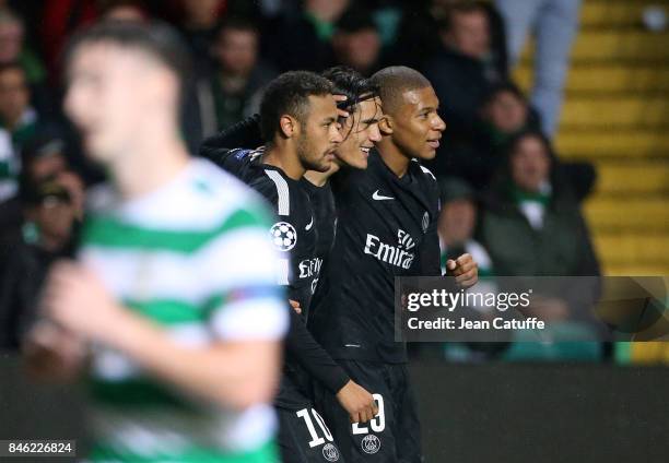 Neymar Jr of PSG celebrates his goal with Edinson Cavani, Kylian Mbappe during the UEFA Champions League match between Celtic Glasgow and Paris Saint...