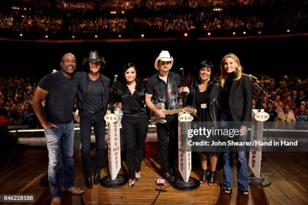 In this handout photo provided by Hand in Hand, Darius Rucker, Tim McGraw, Demi Lovato, Brad Paisley, CeCe Winans, and Faith Hill attend Hand in...