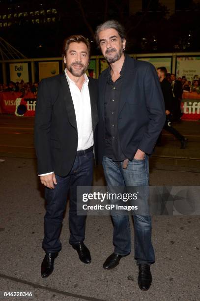 Javier Bardem and Fernando Leon de Aranoa attend the "Loving Pablo" premiere during the 2017 Toronto International Film Festival at Princess of Wales...