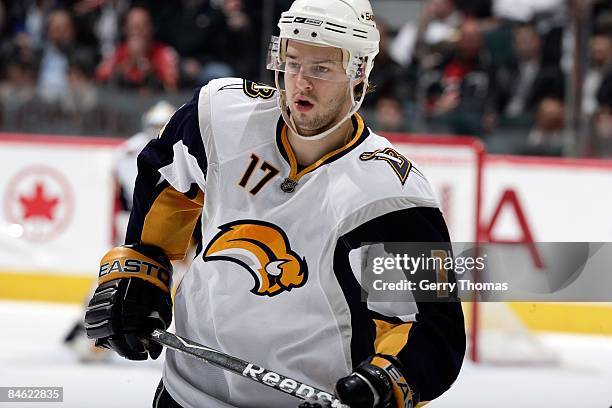 Marc-Andre Gragnani of the Buffalo Sabres skates against the Calgary Flames on January 28, 2009 at Pengrowth Saddledome in Calgary, Alberta, Canada....