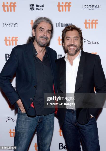 Fernando Leon de Aranoa and Javier Bardem attend the "Loving Pablo" premiere during the 2017 Toronto International Film Festival at Princess of Wales...