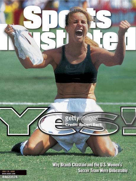 July 19, 1999 Sports Illustrated via Getty Images Cover: Soccer: World Cup Final: USA Brandi Chastain victorious after scoring game winning penalty...