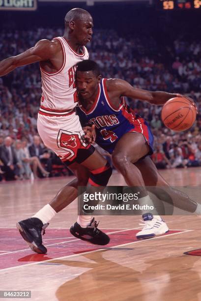 Playoffs: Detroit Pistons Joe Dumars in action vs Chicago Bulls Michael Jordan . Game 6. Chicago, IL 6/1/1990 CREDIT: David E. Klutho