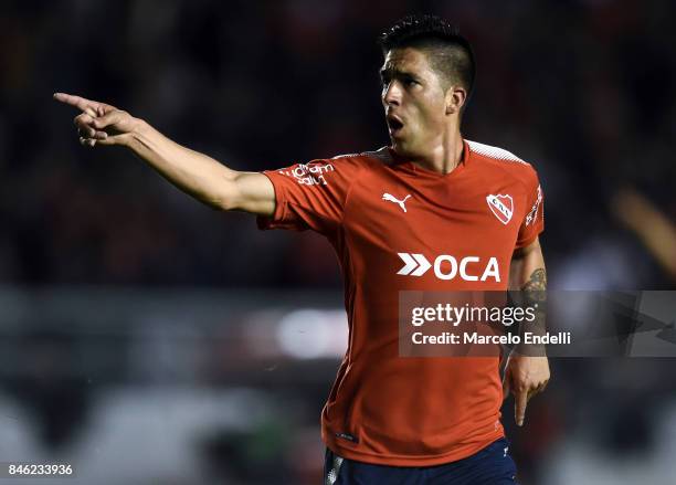 Leandro Fernandez of Independiente celebrates after scoring the first goal of his team during a second leg match between Independiente and Atletico...