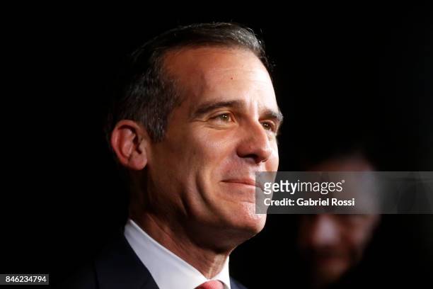 Eric Garcetti, Mayor of Los Angeles, talks to the press during the red carpet prior to the Opening Ceremony of the IOC Lima 2017 Session at Teatro...