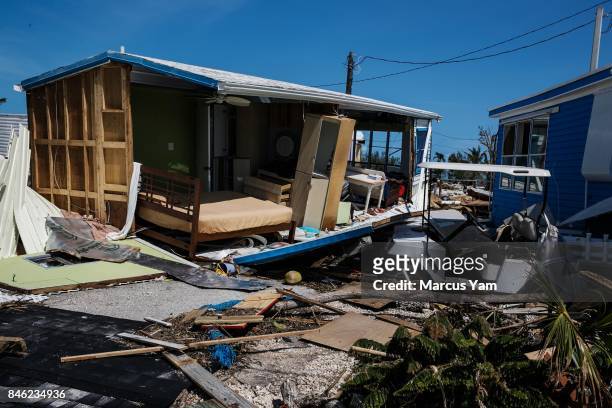 Trailer homes at the Sea Breeze trailer park are destroyed in the path of Hurricane Irma, in Islamorada, Florida Keys, on Sept. 12, 2017.