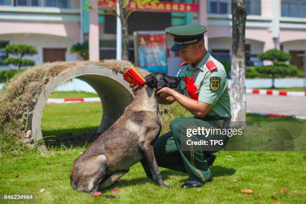 Demobilized armed police officer shares an emotional moment in Ningbo City, east Chinas Zhejiang Province, Sept. 5, 2017. Its time for armed police...