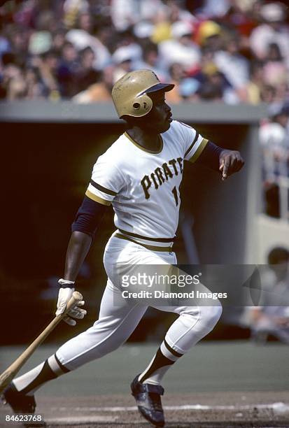 Outfielder Al Oliver of the Pittsburgh Pirates watches a ball he's just hit during a game in July, 1976 at Three Rivers Stadium in Pittsburgh,...