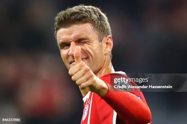 Thomas Mueller of Bayern Muenchen reacts during the UEFA Champions League group B match between FC Bayern Muenchen and RSC Anderlecht at Allianz...