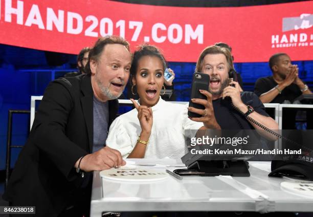 In this handout photo provided by Hand in Hand, Billy Crystal, Kerry Washington and David Spade attend Hand in Hand: A Benefit for Hurricane Relief...