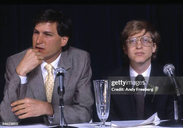 American computer magnates Steve Jobs , co-founder of Apple Computer Inc., and Bill Gates, co-founder of Microsoft, as they take questions at a press...