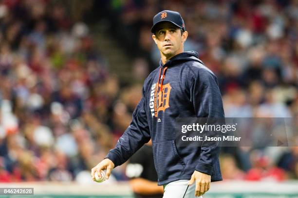 Brad Ausmus of the Detroit Tigers walks back to the dugout after a pitching change during the sixth inning against the Cleveland Indians at...