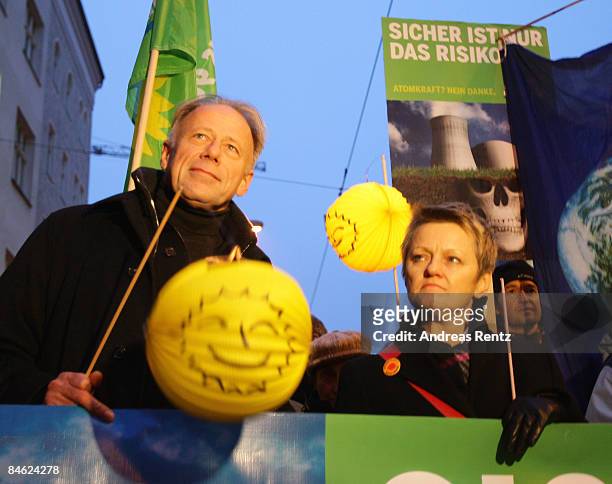Juergen Trittin and Renate Kuenast of the German Greens Party take part in a demonstration against nuclear power on February 4, 2009 in Berlin,...