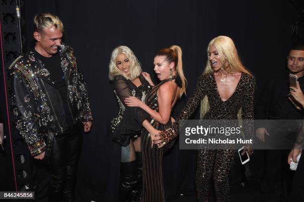 David Blond, Cardi B, Chanel West Coast and Phillipe Blond pose backstage at The Blonds fashion show during New York Fashion Week: The Shows at...