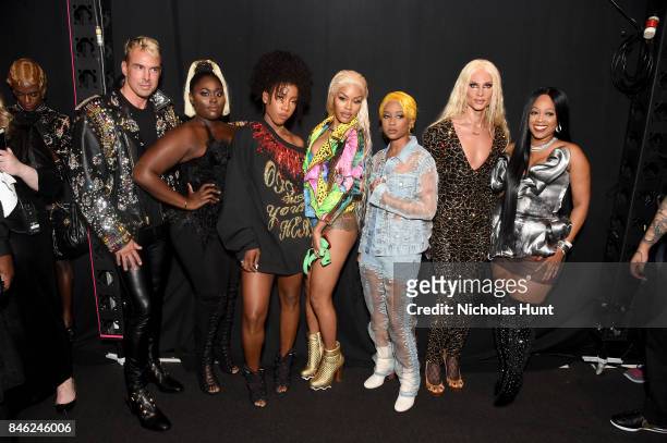 David Blond, Danielle Brooks, Teyana Taylor, Dej Loaf, Phillipe Blond and Trina pose backstage at The Blonds fashion show during New York Fashion...