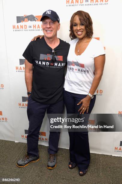 In this handout photo provided by Hand in Hand, Bruce Willis and Gayle King caption at ABC News' Good Morning America Times Square Studio on...