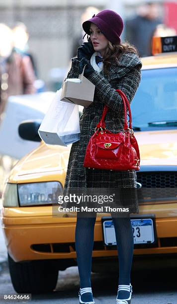 Actress Leighton Meester is seen on the set of the TV show " Gossip Girls" on location on the streets of Manhattan on February 2, 2009 in New York...