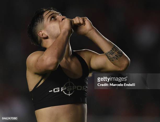 Martin Benitez of Independiente celebrates after scoring the second goal of his team during a second leg match between Independiente and Atletico...