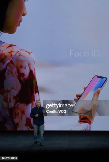 Apple senior vice president of worldwide marketing Phil Schiller makes speech during the Apple launch event on September 12, 2017 in...