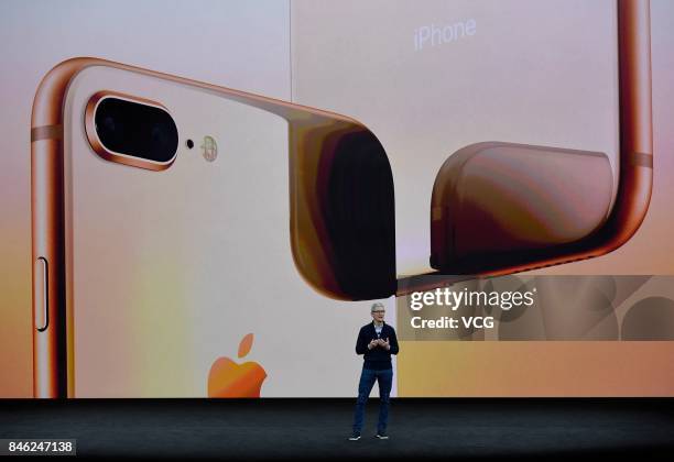 Apple CEO Tim Cook makes speech during the Apple launch event on September 12, 2017 in Cupertino,California. Apple Inc. Unveiled its new iPhone 8,...