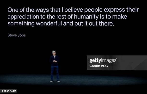 Apple CEO Tim Cook makes speech during the Apple launch event on September 12, 2017 in Cupertino,California. Apple Inc. Unveiled its new iPhone 8,...