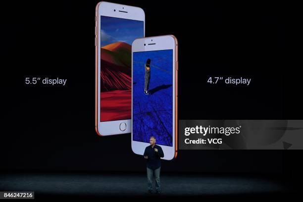 Apple senior vice president of worldwide marketing Phil Schiller makes speech during the Apple launch event on September 12, 2017 in...