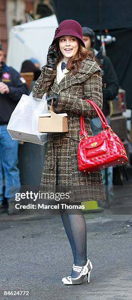 Actress Leighton Meester is seen on the set of the TV show " Gossip Girls" on location on the streets of Manhattan on February 2, 2009 in New York...