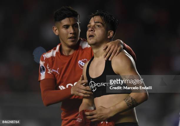 Martin Benitez of Independiente celebrates with teammate Alan Franco after scoring the second goal of his team with Alan Franco during a second leg...